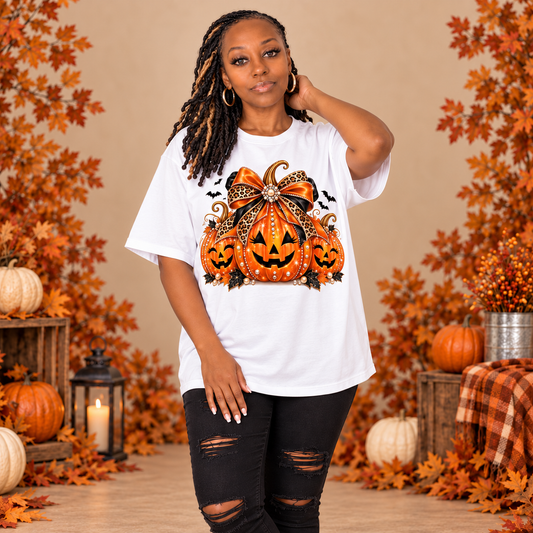 (A)Leopard Bow Pumpkin Oversized Tee